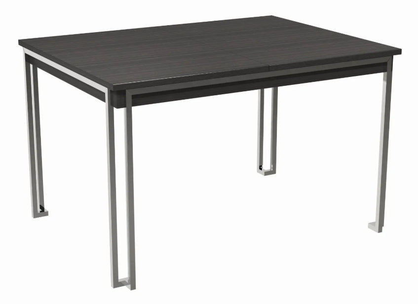 Black rectangular table with metal legs on a white background