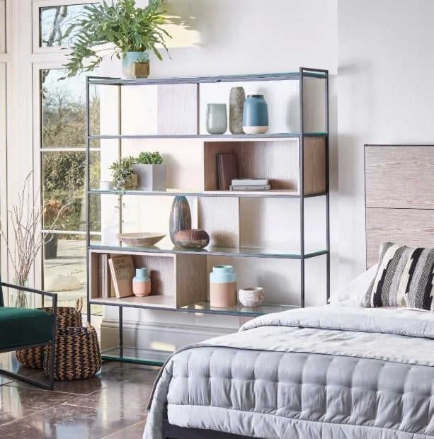 Federico High Bookcase - Weathered Oak Veneer & Polished Frame Bookcase